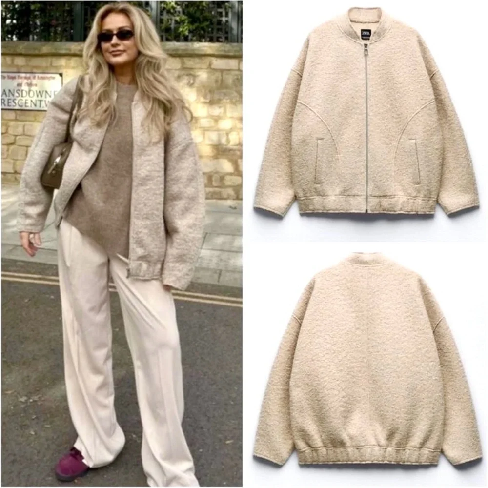ZARA 5070/642 Textured Bouclé Bomber Jacket Sand Beige XS Oversized Quiet Luxury - Picture 5 of 16